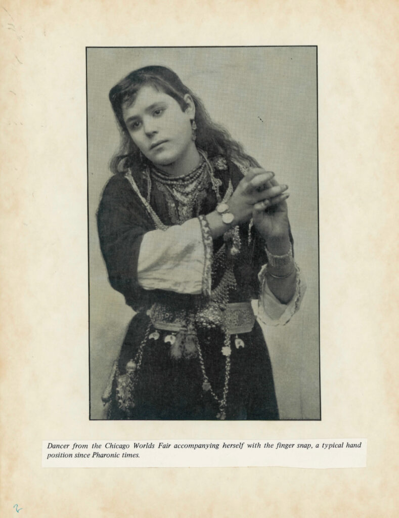 A dancer from Chicago World's Faire accompanying herself with finger snapping. A mock-up for one of the pages in Jamila's manual, "An Illustrated Manual of Finger Cymbal Instruction: History, Evolution, and Related Instruments" published in 1977.