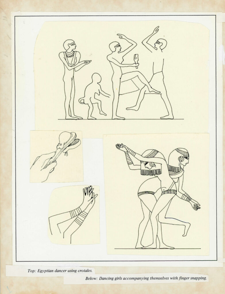 Dancers using crotales (top), and dancers accompanying themselves with finger snapping (bottom right). A mock-up for one of the pages in Jamila's manual, "An Illustrated Manual of Finger Cymbal Instruction: History, Evolution, and Related Instruments" published in 1977.