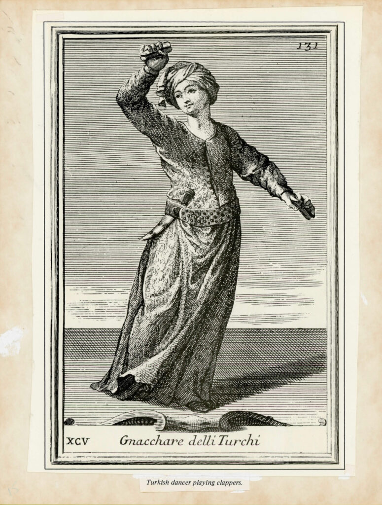 Turkish dancer playing clappers. Copper engraving, 1723, by Arnold van Westerhout. A mock-up for one of the pages in Jamila's manual, "An Illustrated Manual of Finger Cymbal Instruction: History, Evolution, and Related Instruments" published in 1977.