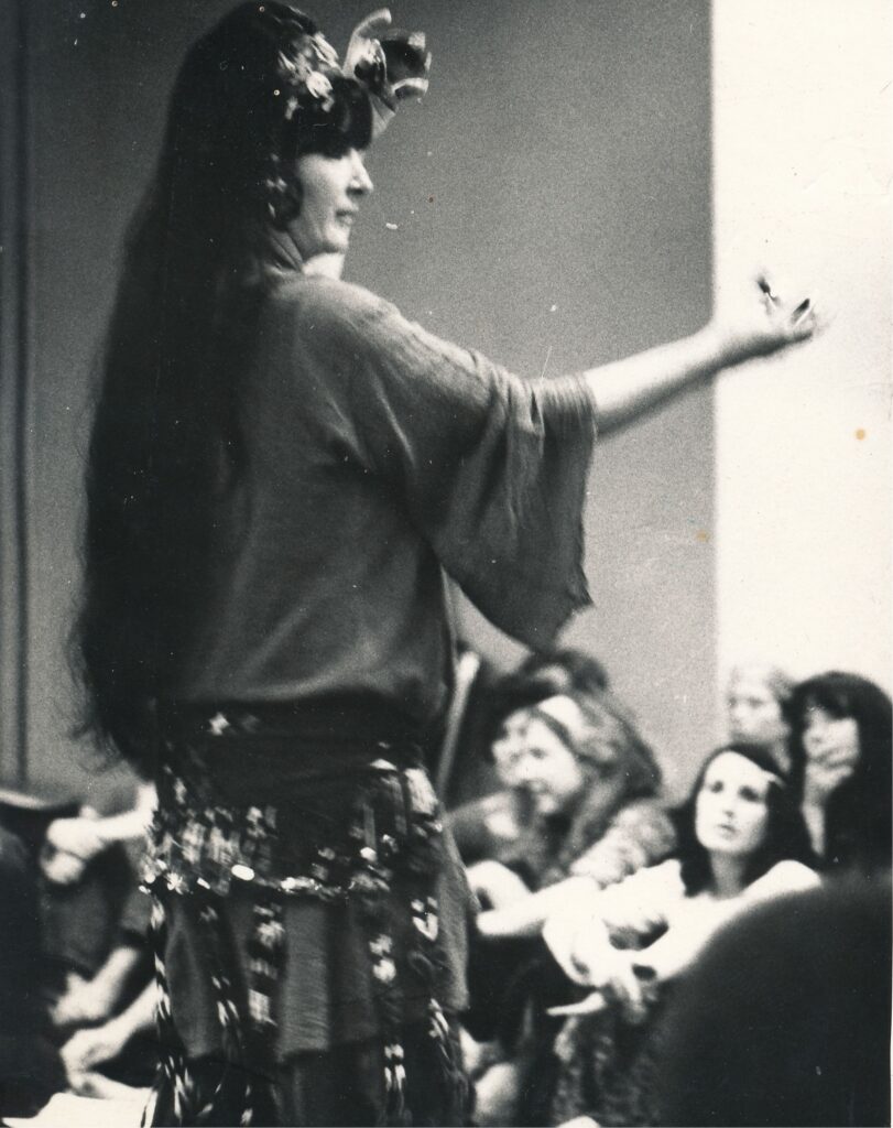Jamila teaching finger cymbals at Bagdad by the Bay in 1978. Photo by D. Noyes.