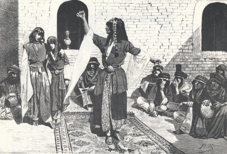 Persian dancing boys, engraving by Alexandre Bida (ca. 1888)
