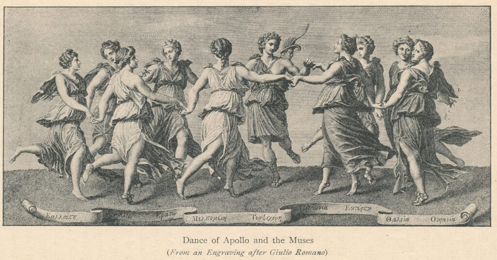 Engraving of the Dance of Apollo and the Muses by Giulio Romano.