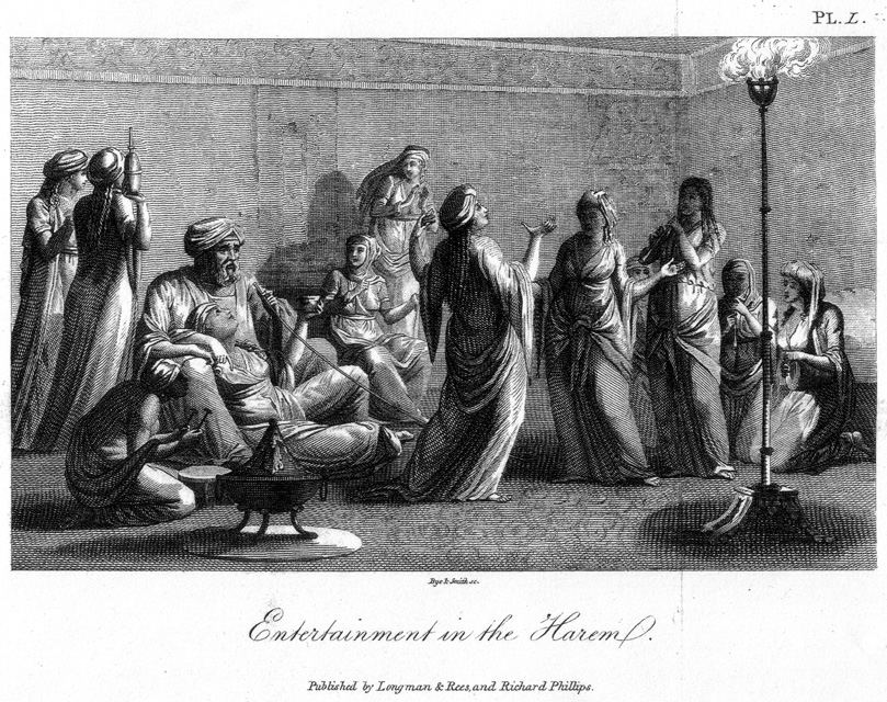 Etching and stipple engraving of Entertainment in the Harem (Metubis, Egypt) by John Chapman, after a drawing by Vivant Denon from Travels in Upper and Lower Egypt (1803)