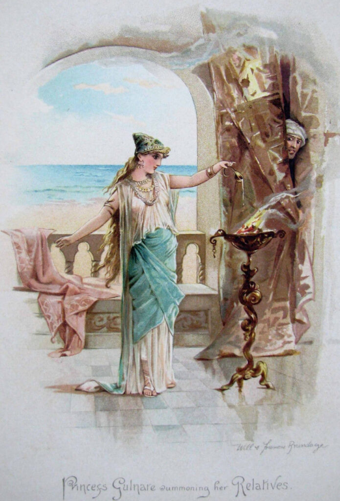 Princess Gulnare Summoning her Relatives, Color Plate by Frances Brundage from The Arabian Nights (1890)